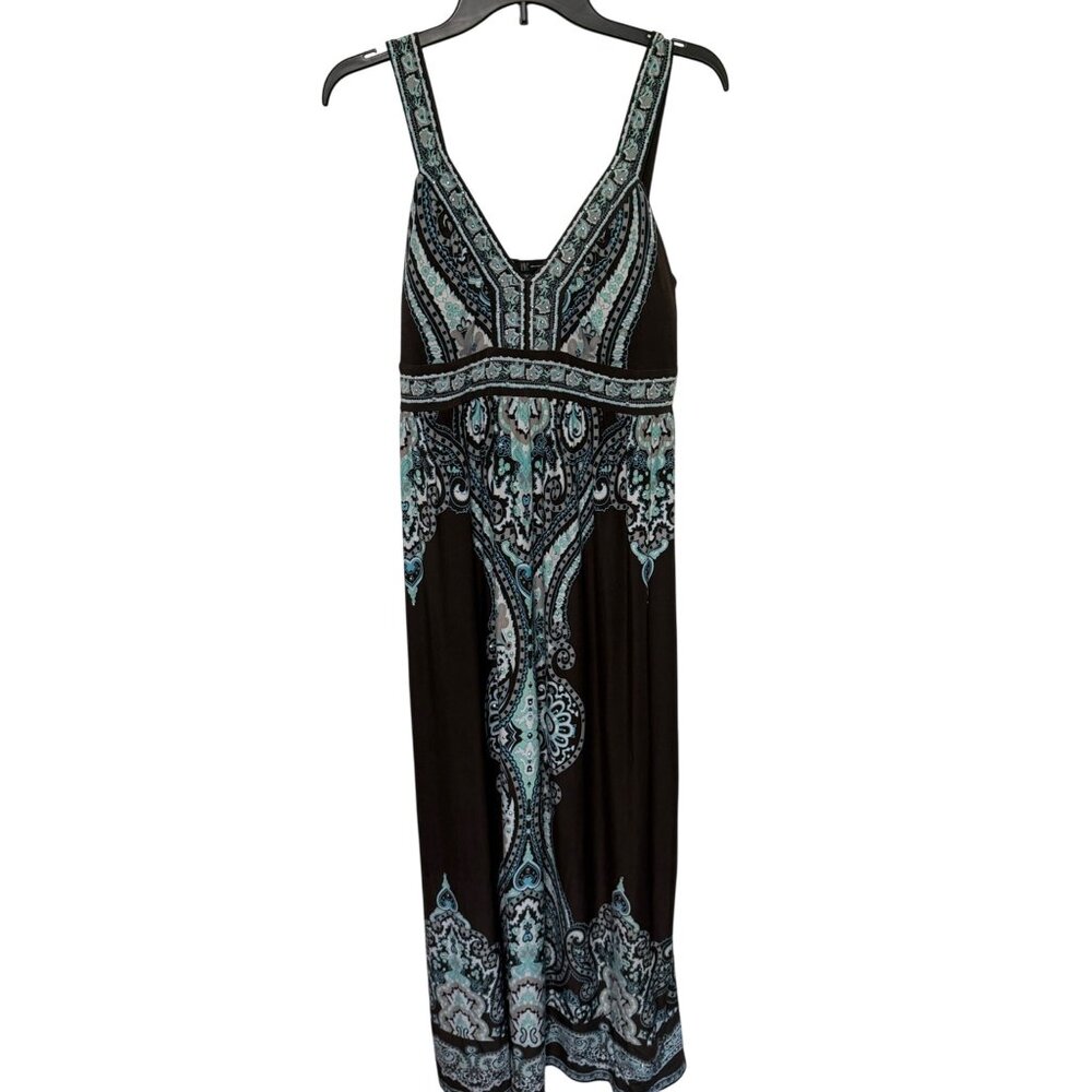 INC International Concepts Size L Maxi Dress Brown Aqua Blue Sparkles Sleeveless